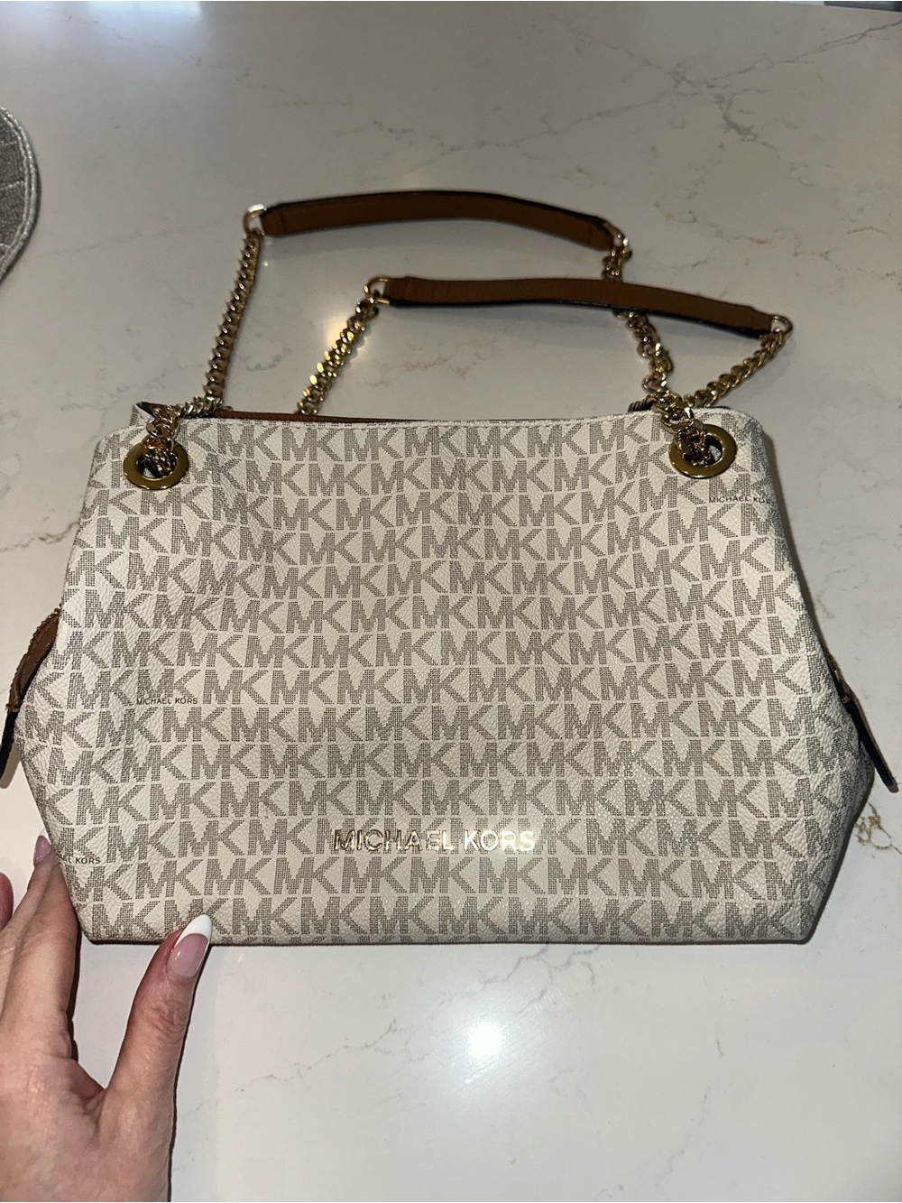 Michael Kors Cream MK Logo Chain-Handle Shoulder Bag
